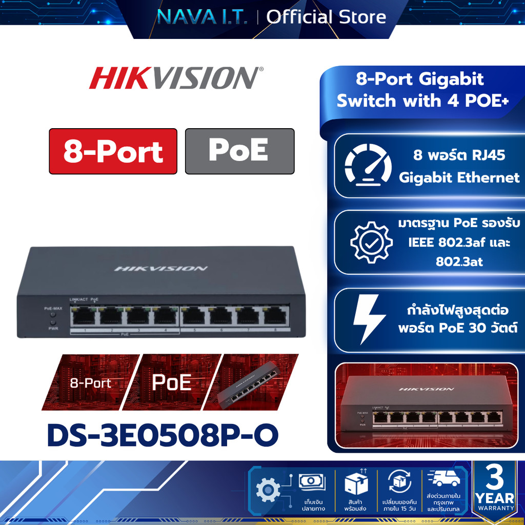 HIKVISION รุ่น DS-3E0508P-O 8-Port Gigabit Switch with 4 POE+ Plug-and-play รับประกัน 3 ปี