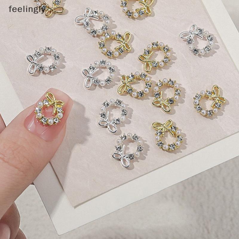 [S&H] 5 ชิ้น Garland Bowknot Pearl Zircon Nail Art Charms Rhinestone พวงหรีดคริสต์มาสออกแบบคริสตัลเค