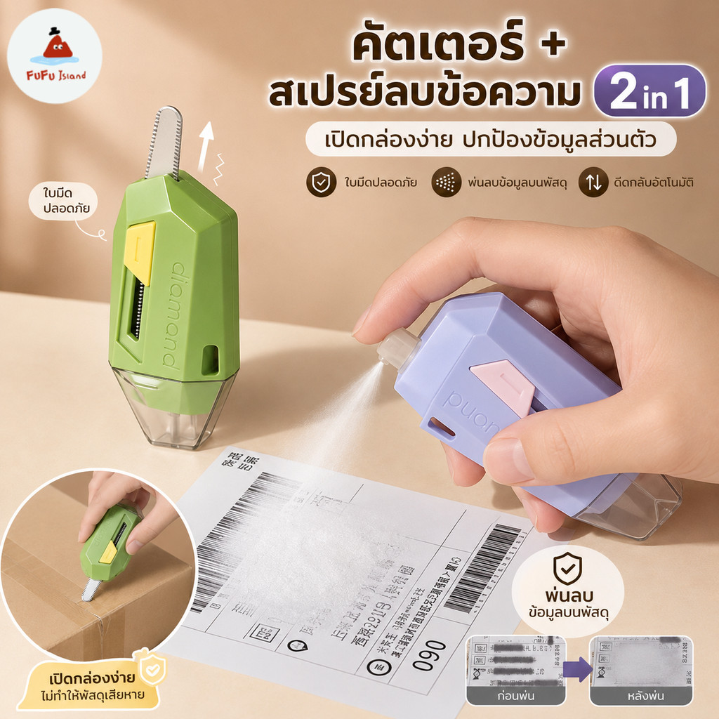 คัตเตอร์ 2 in 1 พร้อมสเปรย์ลบหมึกเติมได้ มีดเปิดพัสดุ ลบข้อความใบเสร็จปกป้องข้อมูล พกพาใช้งานบ้านและออฟฟิศ