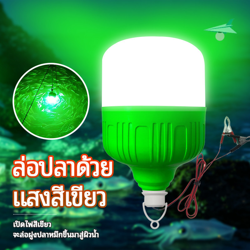 ไฟตกหมึก LED แสงสีเขียว DC12V คีบแบต สว่างสูง ติดตั้งง่าย ใช้ตกปลากลางแจ้ง