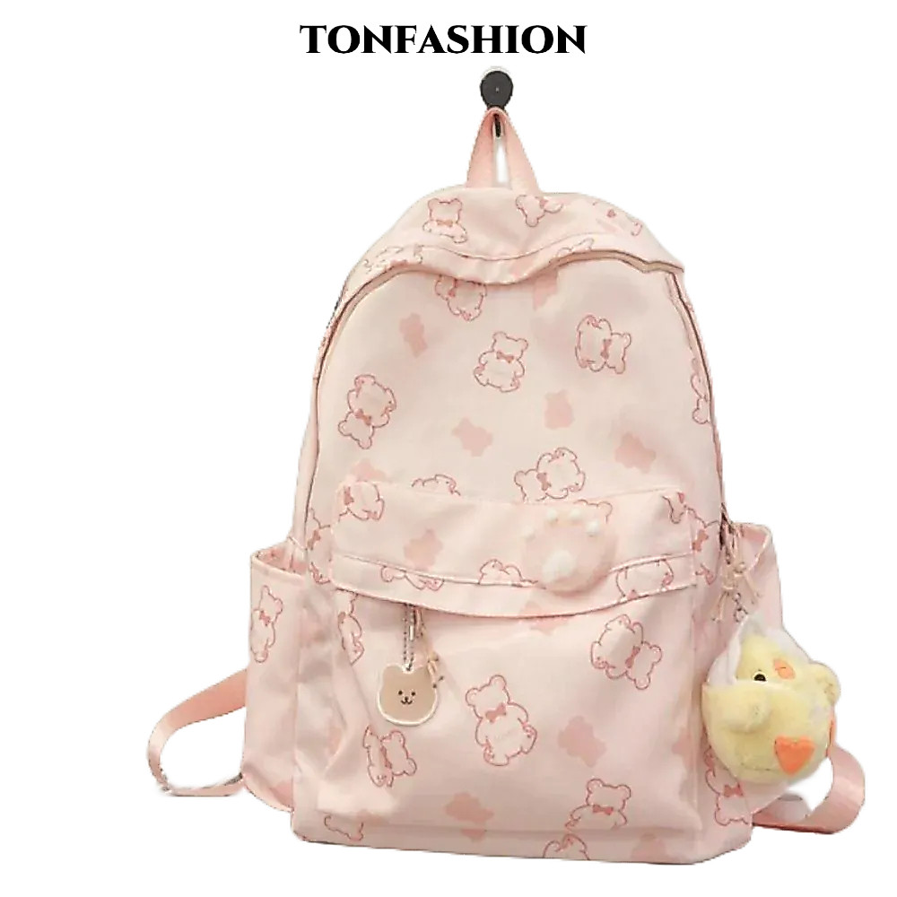 Tonfashion กระเป๋าเป้สะพายหลัง กระเป๋านักเรียน ผ้าแคนวาส ลายหมีน่ารัก ความจุขนาดใหญ่ แบบพกพา