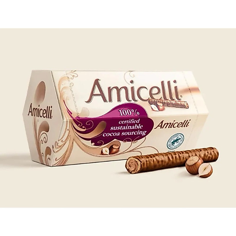 Amicelli เวเฟอร์โรลเคลือบช็อคโกแลตนมสอดใส้ครีมเฮเซลนัท 150 g 12 แท่ง นำเข้าจากเยอรมัน ขนม ช็อคโกแลต ขนมขบเคี้ยว