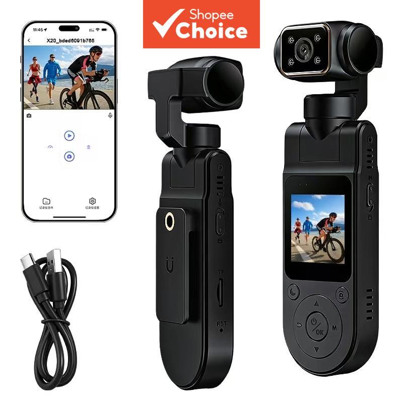 กล้องแอคชั่นแคมเมรา 1080P มือถือ 1.5" หน้าจอ IPS 180° กล้อง Vlog กระเป๋าใส่เลนส์หมุนได้ พร้อมแบตเตอรี่ 1000mAh