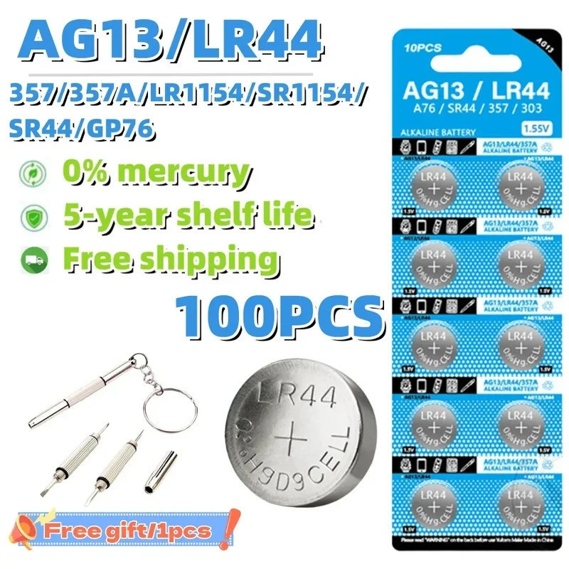 100PCS 1.55V AG13 LR44 แบตเตอรี่ปุ่ม L1154 RW82 SR1154 SP76 A76 LR1154 GP7 SR44 เซลล์เหรียญสําหรับนา