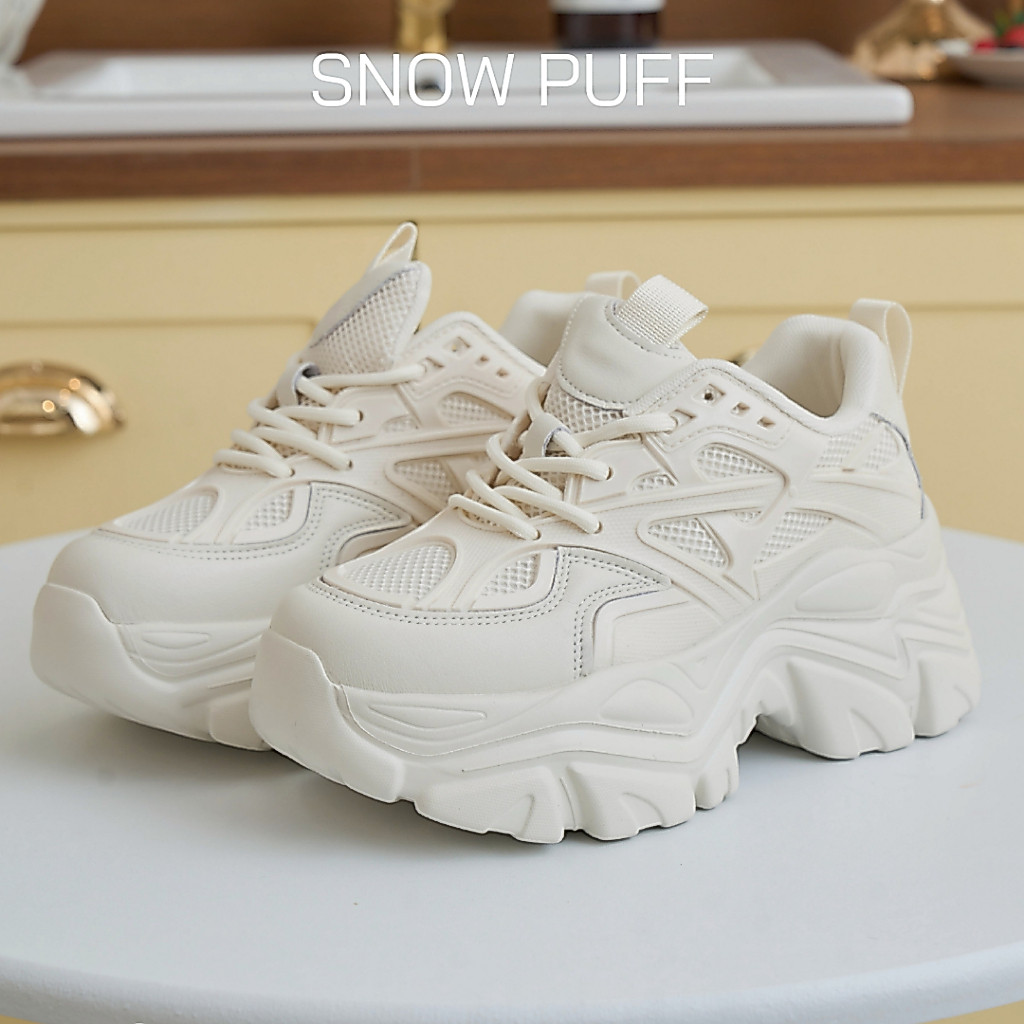 CCS - รองเท้าผ้าใบ Snow Puff สูง 3 นิ้ว รองเท้าผ้าใบรุ่นโกงความสูง สีครีมเชือกใหญ่ รองเท้าผ้าใบแฟชั่