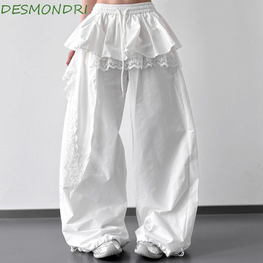 DESMONDRI ลูกไม้ Tiered กระโปรงกางเกง, Baggy เอวสูงลูกไม้ Patchwork กางเกง, Y2k Drawstring Casual Hip Hop กางเกงขากว้าง Lady