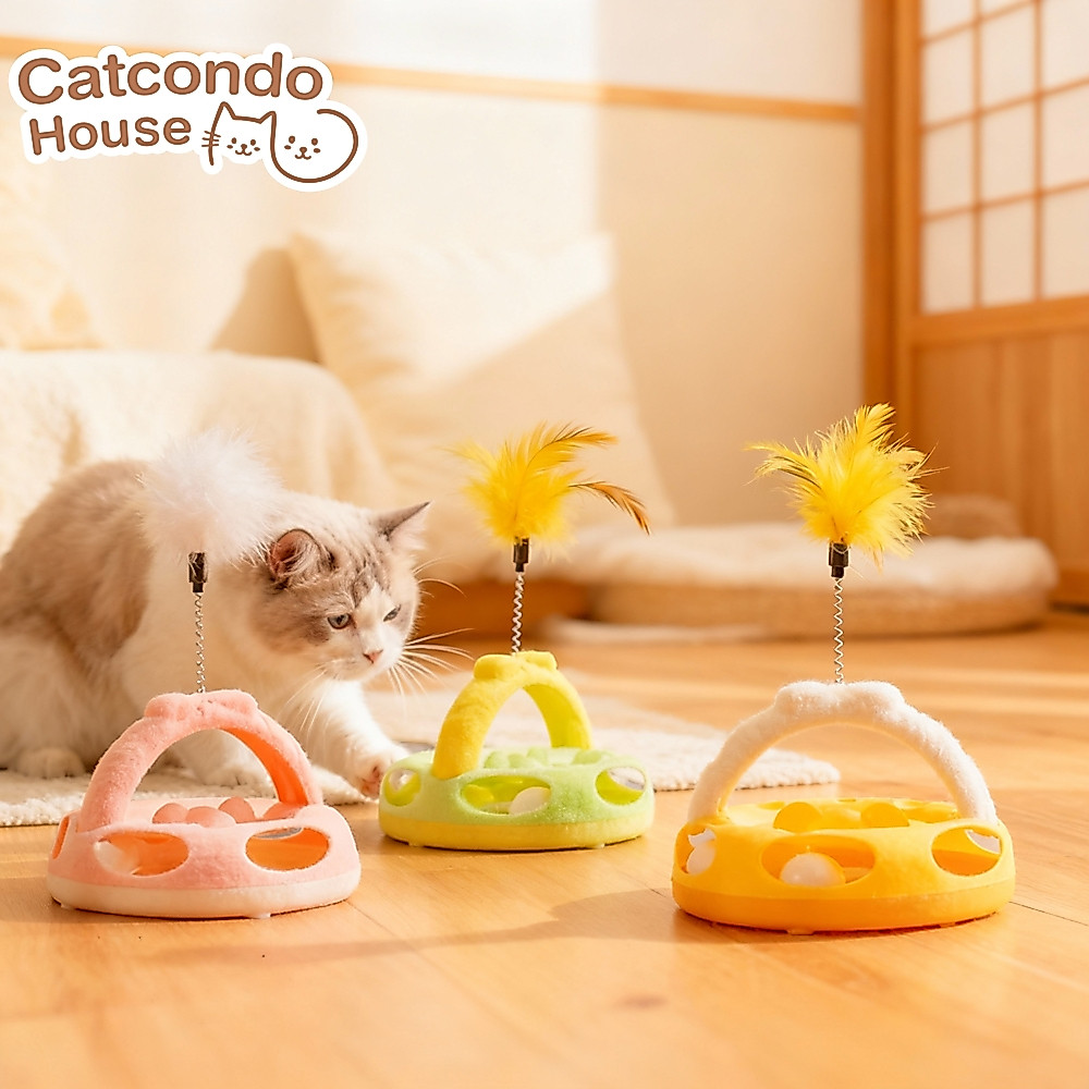Cathouse รางบอลลายโบว์ ของเล่นแมว ลูกบอลหมุนพร้อมขนนกกระตุ้นสัญชาตญาณ เสริมพัฒนาการ รางบอลแมว