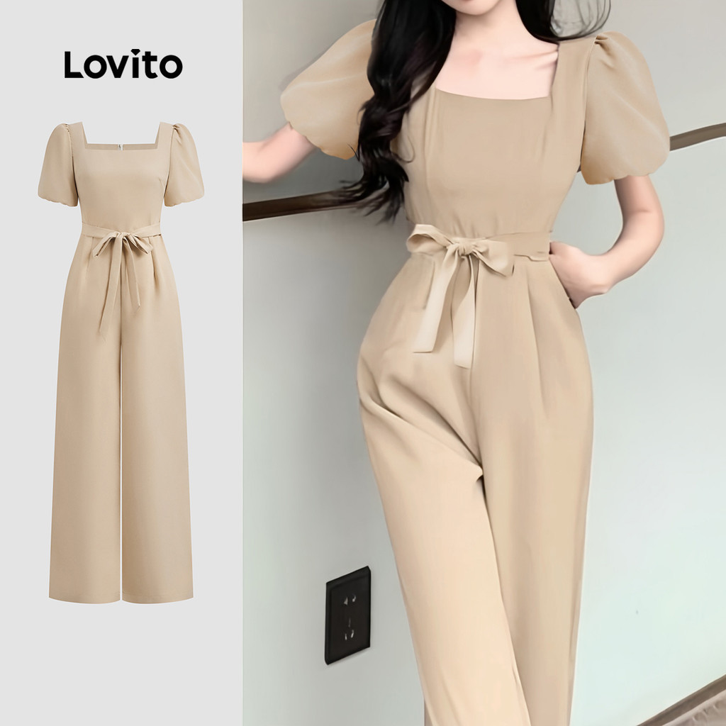 Lovito สง่างาม ชุดจั๊มสูทฤดูร้อนกระเป๋าซิปธรรมดาหรูหราสําหรับผู้หญิง L123ED409