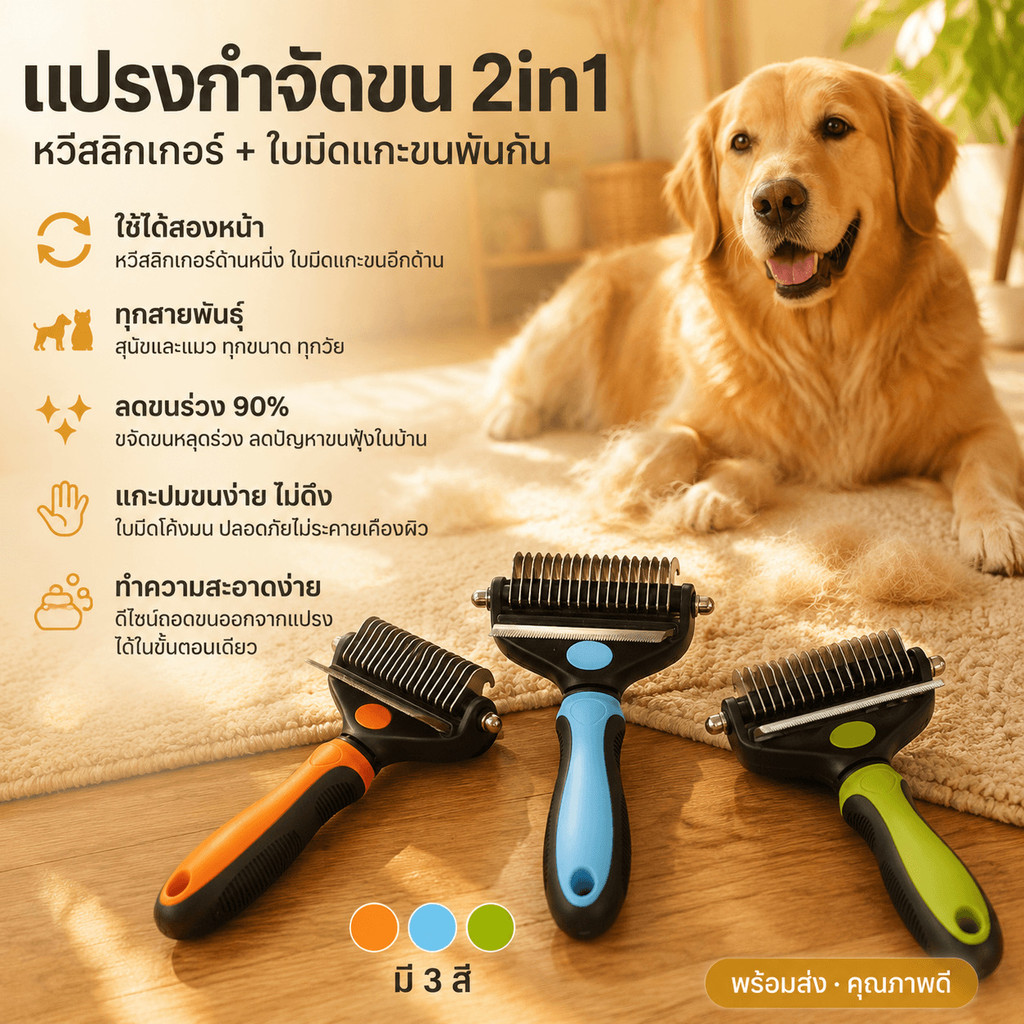 แปรงกำจัดขนสัตว์เลี้ยง 2in1 หวีสลิกเกอร์+ใบมีดแกะขนพันกัน สำหรับสุนัขและแมวทุกสายพันธุ์ ลดขนร่วง ขจัดขนหลุดร่วง แกะปมขน ทำความสะอาดง่าย วัสดุพลาสติกแข็งแรง ทนทาน ใช้งานสะดวก ใช้ได้สองหน้า เหมาะกับทุกขนาด
