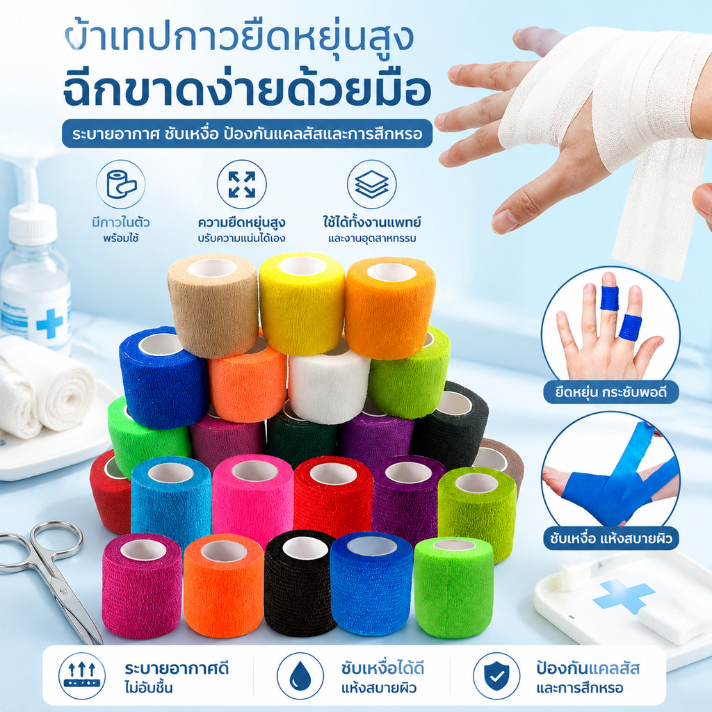 โคเเบน 5CM x 4.5M ผ้าล็อค เทปล็อค แบบยืดหยุ่น สำหรับกีฬาฟุตบอล ช่วยลดอาการบวม ออกกำลังกาย ตรงปก