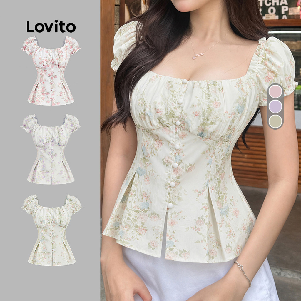 Lovito เสื้อเชิ้ตแคชชวลสำหรับวันสงกรานต์ กระดุมหน้า สำหรับผู้หญิง ฤดูใบไม้ผลิ/ฤดูร้อน L171AD138