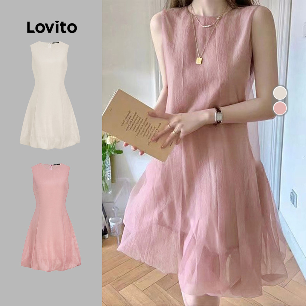 Lovito สง่างาม ชุดเดรสสำหรับงานปาร์ตี้ งานแต่งงาน ฤดูใบไม้ผลิ/ฤดูร้อน สีชมพูอ่อน สองชั้น เนื้อผ้าเบา นุ่มสบาย เหมาะสำหรับผู้หญิง L171ED1032