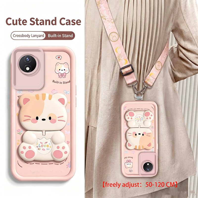 สายคล้องCrossbody LanyardสําหรับVIVO Y02 5G 2022 y02t y02a Y11 2023 4Gเคสโทรศัพท์Softcaseซิลิโคนกันกระแทกใหม่ออกแบบความงามพร้อมผู้ถือแมวน่ารักสําหรับสาวJTGMZJ1