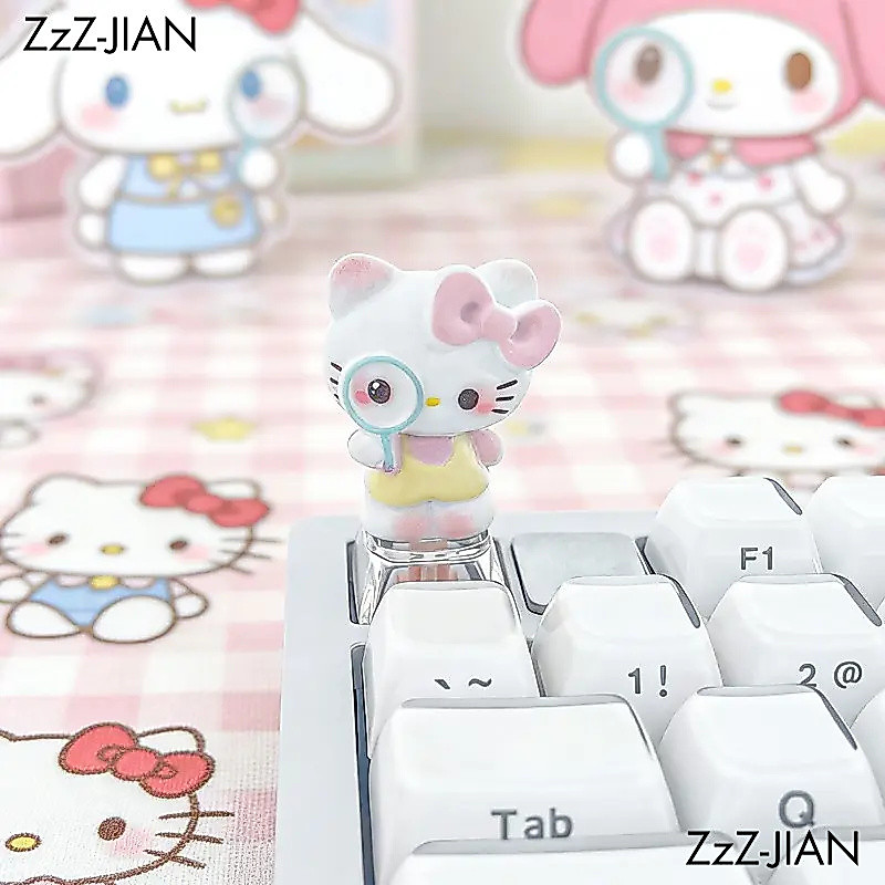 การ์ตูน Hello Kitty แว่นขยาย Keycaps โปร่งแสงน่ารัก DIY Cross แกนคีย์บอร์ด Keycap อุปกรณ์ตกแต่ง