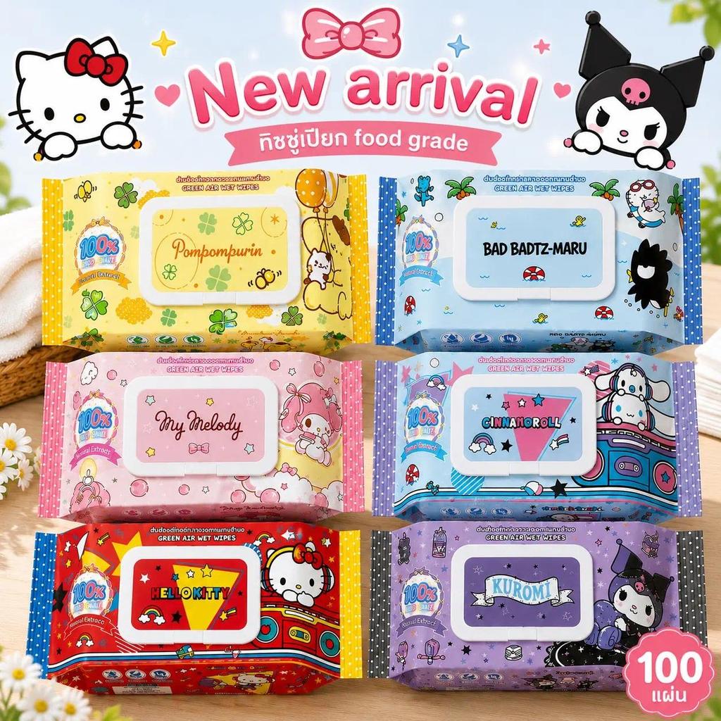 เช็ดชูเปียกรุ่นใหม่ 100แผ่น ลาย hello kitty และ kuromi อ่อนโยน food grade Green Air