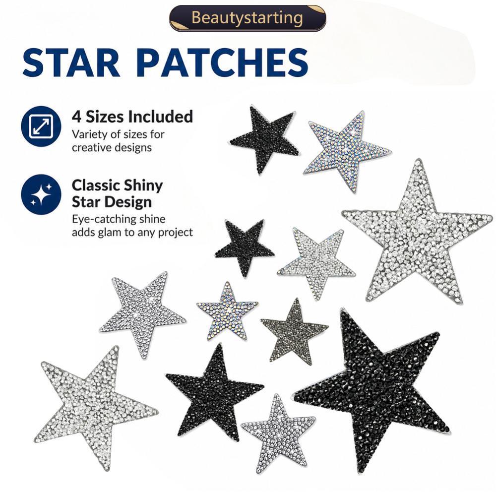 BEAUTYSTARTING 4 ชิ้น Glitter Rhinestone Star เหล็กบนแพทช์ขนาดผสม Hotfix Appliques สําหรับเสื้อผ้ารอ