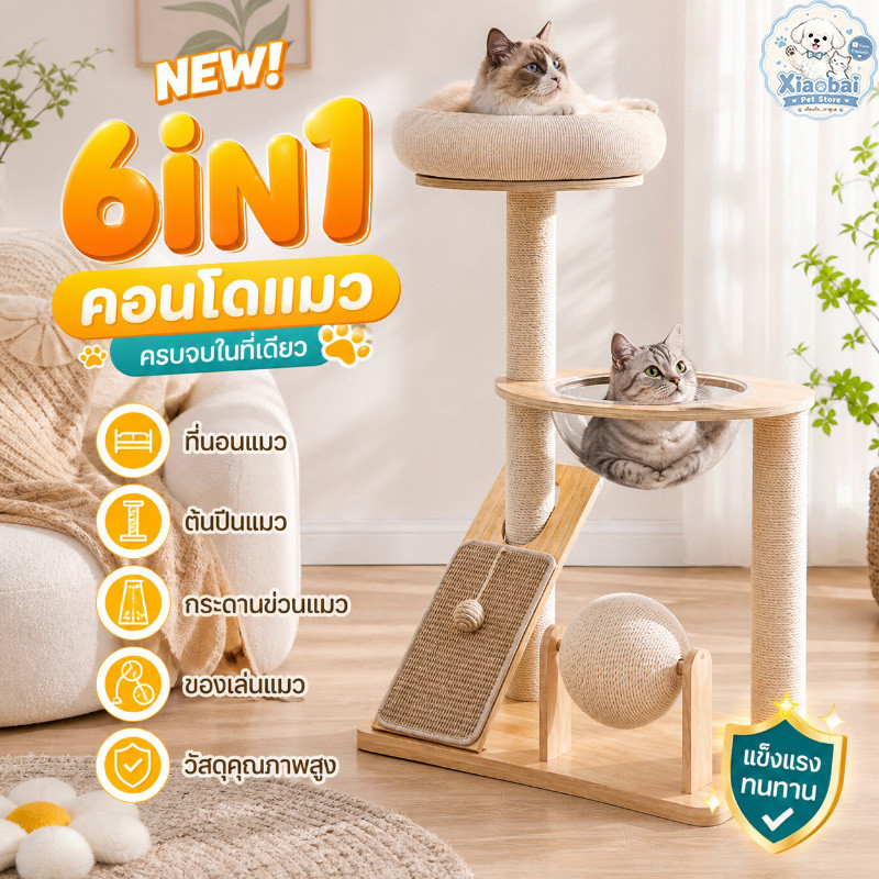 NEW 6IN1 คอนโดแมว ที่นอนแมว ต้นปีนแมว กระดานข่วนแมว ของเล่นแมว วัสดุคุณภาพสูง แข็งแรงทนทาน ใช้งานได้ยาวนาน