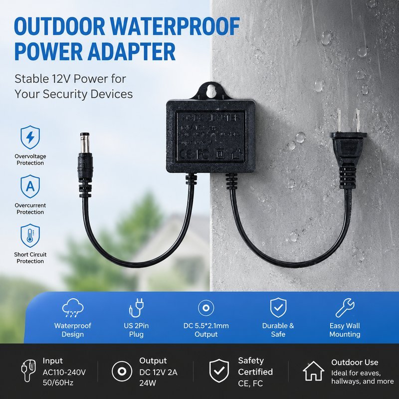 ปลั๊กอะแดปเตอร์กล้อง CCTV อะแดปเตอร์ 12V 2A กันน้ำกันฝน สายหัว DC สำหรับกล้องกลางแจ้ง