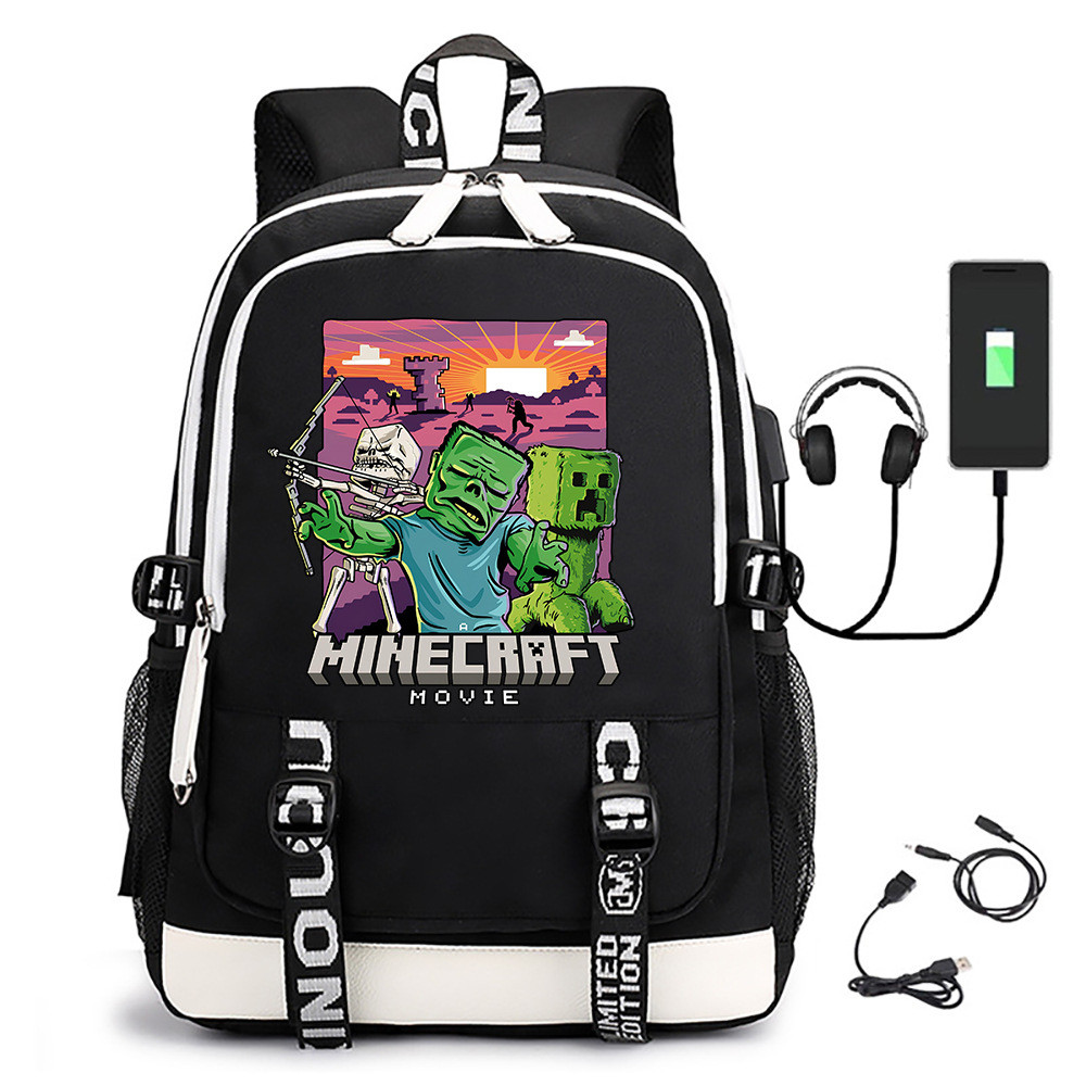 Minecraft Movie Backpack USB Youth Travel Laptop Bag
