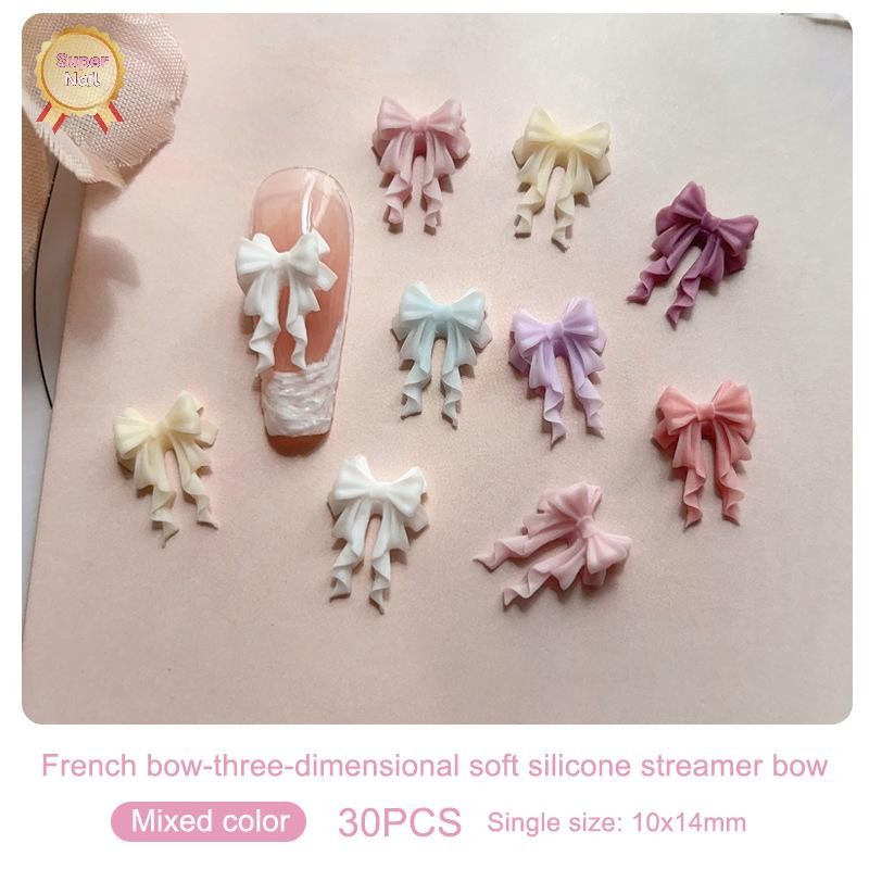 FLTH 30 ชิ้นริบบิ้นที่มีสีสันโบว์เล็บ Charms ริบบิ้น Tie ออกแบบเล็บอะไหล่เรซิ่น 3D เล็บ Art ตกแต่ง Supply อุปกรณ์เสริม Vary