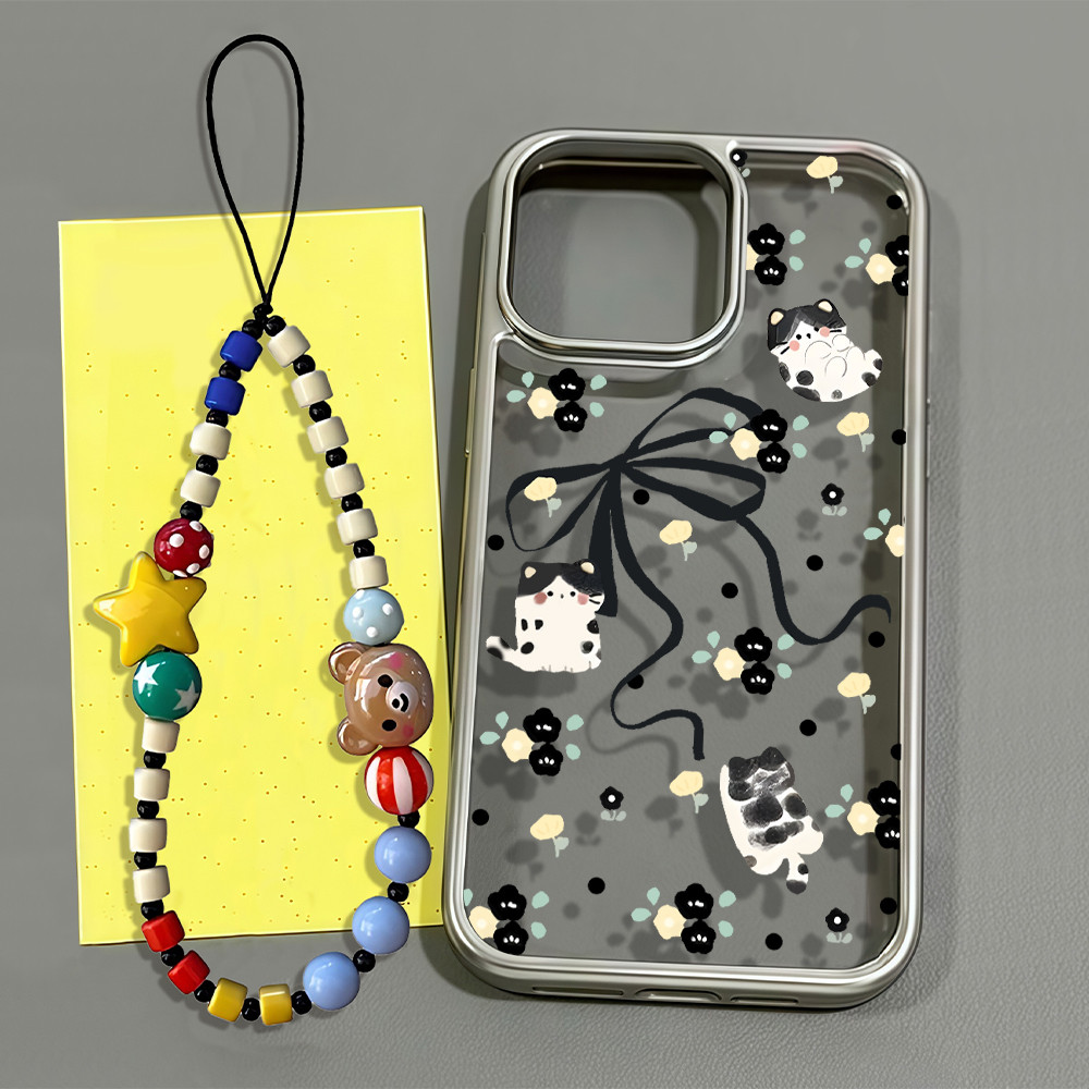สำหรับ เคสไอโฟน 16 โบว์กับแมว For IPhone 15 11 13 16 12 13 14 Pro Max XS XR X 7Plus 8Plus Max 7 16 8 Plus SE ชุบโลหะ เคส