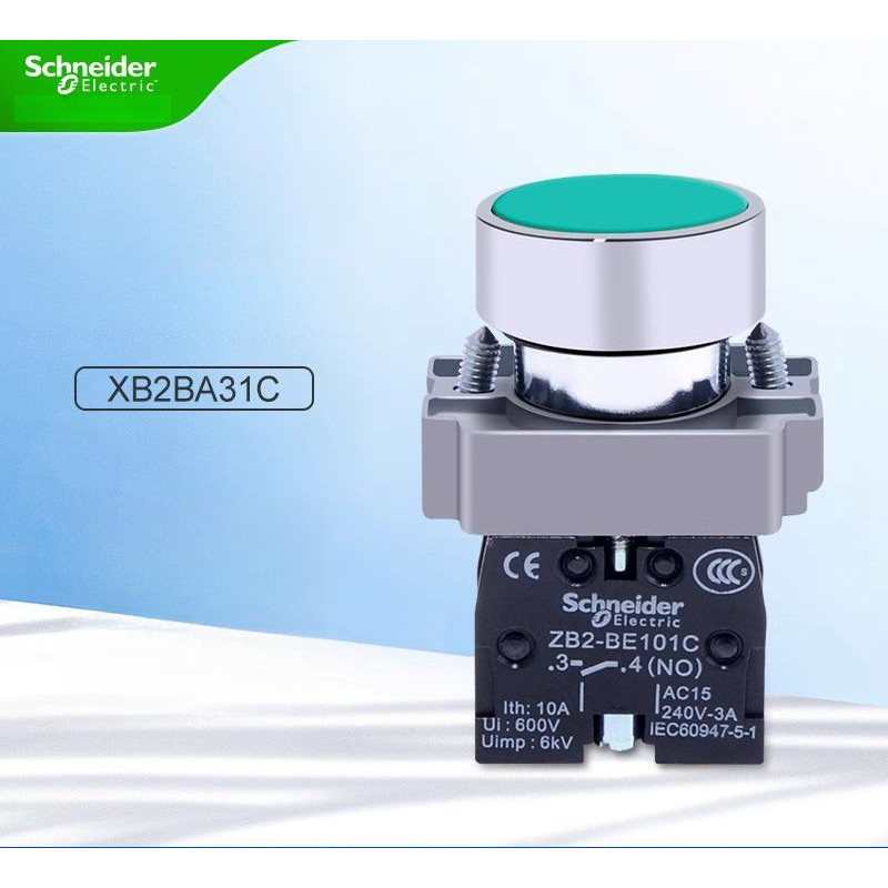 ปุ่มกดหัวแบน Schneider XB2BA31C BA42C สีเขียว เปิดปกติ รีเซ็ตตัวเอง เส้นผ่านศูนย์กลางรู 22 มม.