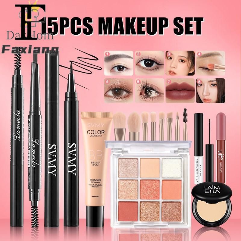 zvdsfveb JIANGZHIB 4/15ชิ้นทุกชุดเครื่องสำอางมาสคาร่า + บีบีครีม + อายไลเนอร์ + K'APEINE หน้าไร้ที่ต