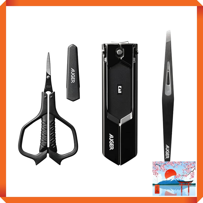 KAI AUGER Grooming Set - Men's Grooming Tools including Tweezers, Nail Clippers, Eyebrow Scissors, a