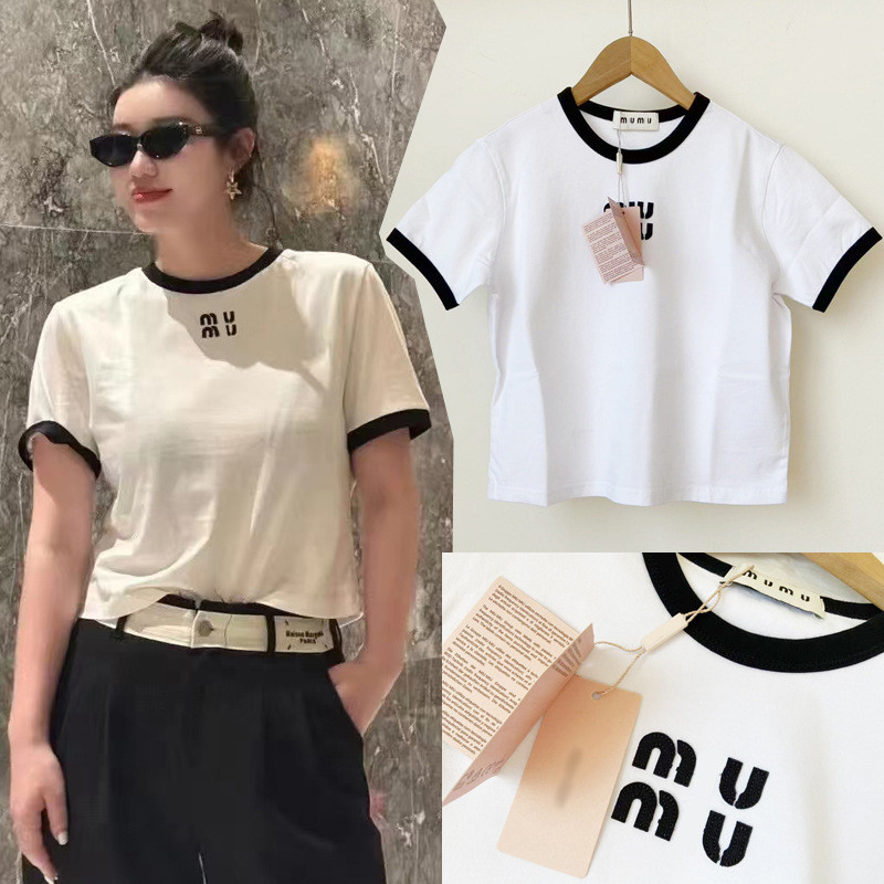 8P6Y M*iu Embroidered Letter Logo Sweet and Spicy Design Versatile Short Sleeve Top White Short Styl