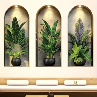3 แผ่น/ชุด (ขนาดใหญ่) 3D Arch Niche Wall Decal-พฤกษศาสตร์ใบตกแต่งสําหรับห้องนั่งเล่นห้องนอน,ที่ถอดออกได้ไวนิล Silhouette พร้อมกระถาง, Bohe Home Decor,ที่ถอดออกได้ Arch Decals, V