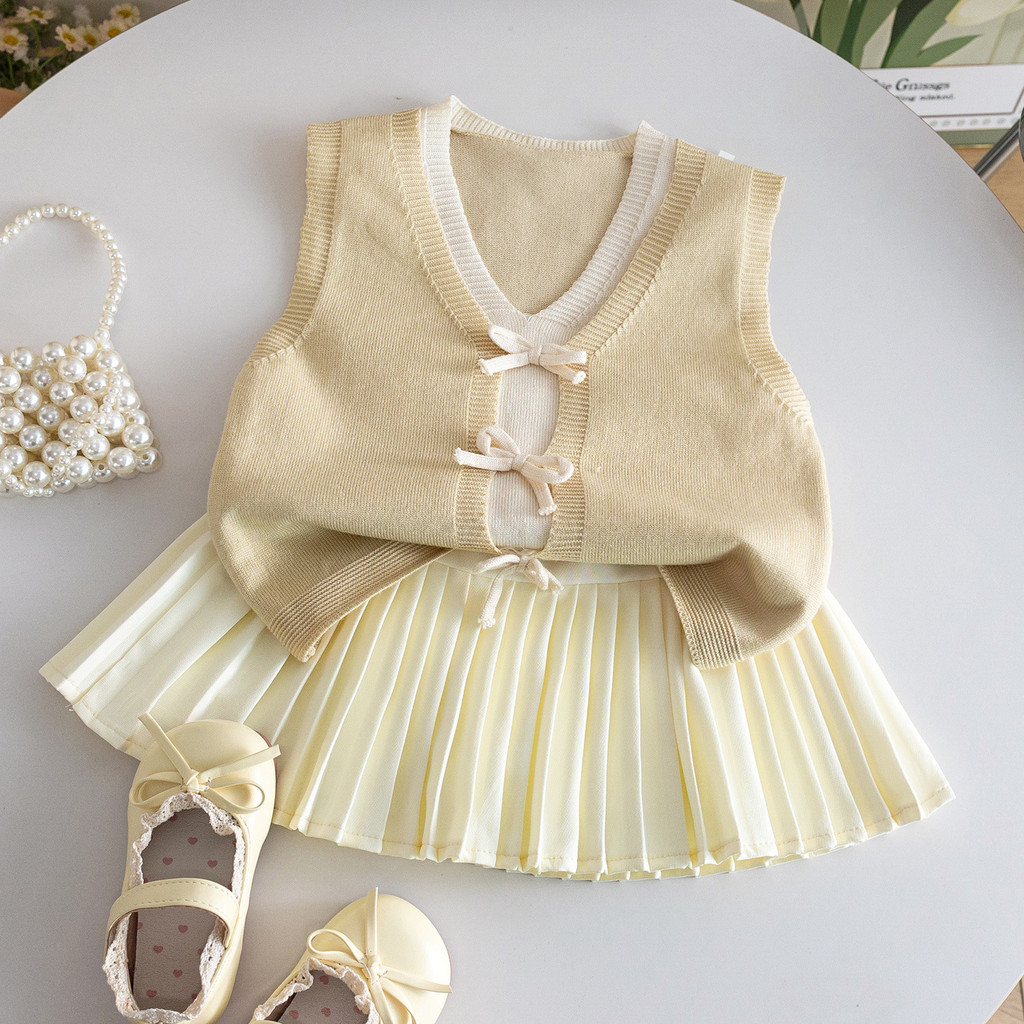 สาวสไตล์ใหม่แฟชั่นเสื้อกั๊กถักเสื้อกั๊กเด็กกระโปรงจีบชุดสองชิ้น