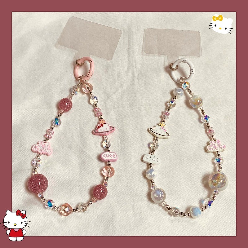 Sanrio พวงกุญแจการ์ตูน Hello Kitty โซ่โทรศัพท์น่ารัก Kt Cat Bead String เคสโทรศัพท์ Anti-lost Key CHAIN กระเป๋า Pendent ของขวัญ