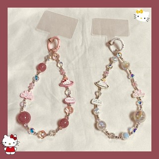 Sanrio พวงกุญแจการ์ตูน Hello Kitty โซ่โทรศัพท์น่ารัก Kt Cat Bead String เคสโทรศัพท์ Anti-lost Key CHAIN กระเป๋า Pendent ของขวัญ