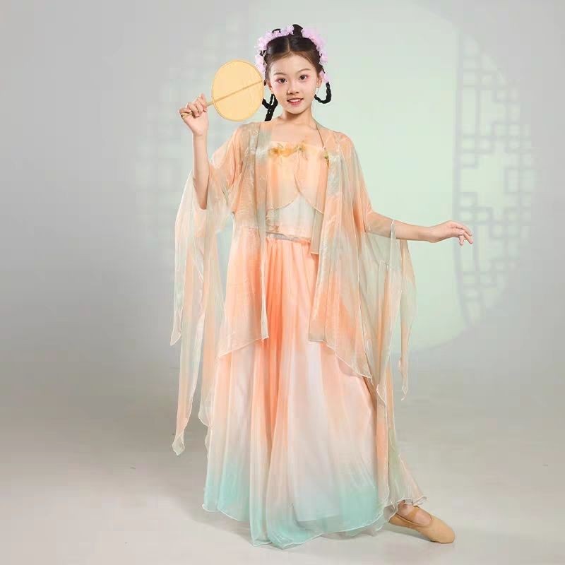 儿童 古蓝色女童超仙大衫长款花黑色短袖上衣女童短袖衬衫显瘦裙子เด็กเต้นรําสาวซูเปอร์อมตะสไตล์เสื้อเชิ้ตแขนยาวwhxye888.my20250904