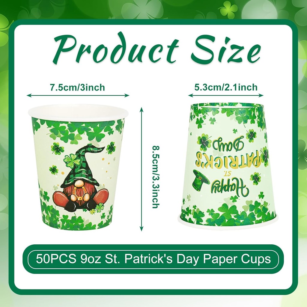 50 ชิ้น St Patricks Day ถ้วยกระดาษ 9 ออนซ์สีเขียว Shamrock Gnome ถ้วยทิ้ง Irish Holiday Party ถ้วยดื