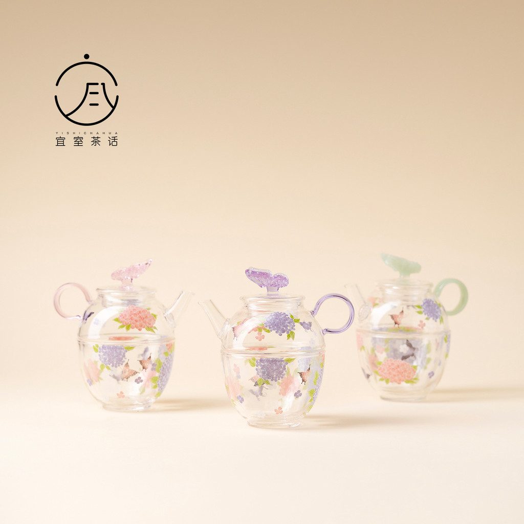 Yishi คําชาขนาดเล็กสดแก้วบอโรซิลิเกตสูงผีเสื้อสีม่วงสุภาพสตรีหนึ่งคนดื่มชุดน้ําชาเดินทางหนึ่งหม้อหนึ