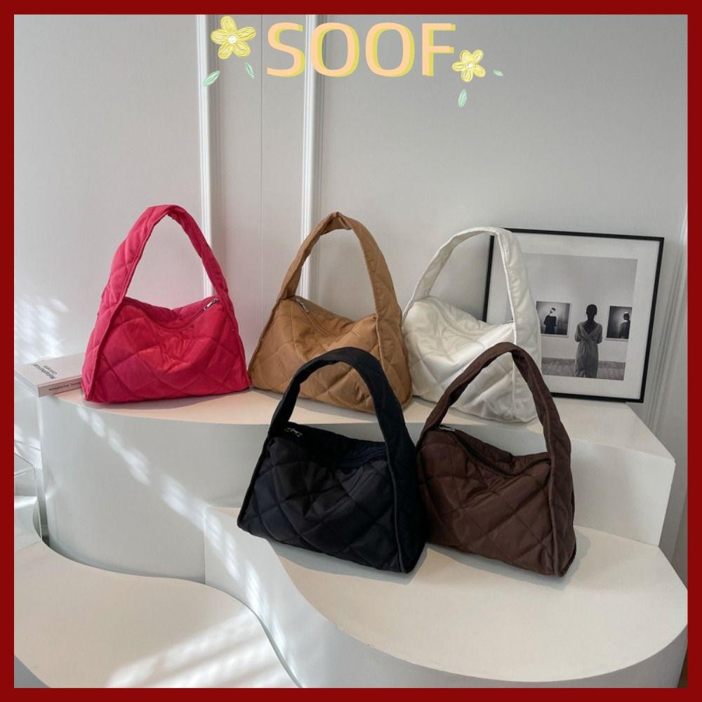 จัดส่งจากประเทศไทย กระเป๋าสะพายไหล่SOOF ความจุขนาดใหญ่ผ้า Quilted Tote กระเป๋าลําลอง Rhomboid ลายสก๊อตกระเป๋าถือพองผู้หญิงสาว