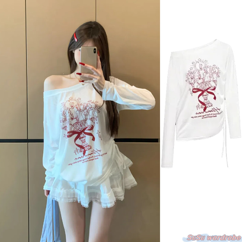 SuSu🎀พร้อมส่ง🎀 เสื้อแขนยาวผ้าบาง ลายพิมพ์ graffiti ลายโบว์สีแดง ยืดพอดีตัว เสื้อแฟชั่น FY2081#1
