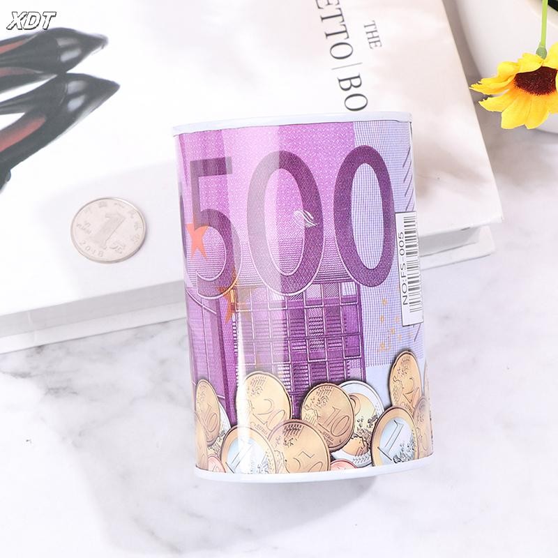 Springevensky Tinplate กระบอก Piggy Bank Euro Dollar รูปภาพกล่องในครัวเรือนประหยัดกล่องเงิน Springev