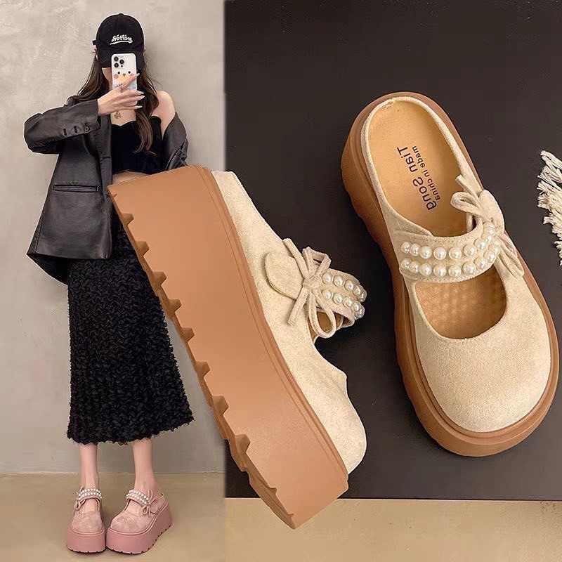 รองเท้าหัวโตส้นตึก แบบสวม หนังกลับแต่งมุกสุดปัง 💖 เสริมพื้นสูง 5 เซน K45 รองเท้าแฟชั่นผู้หญิง by luk