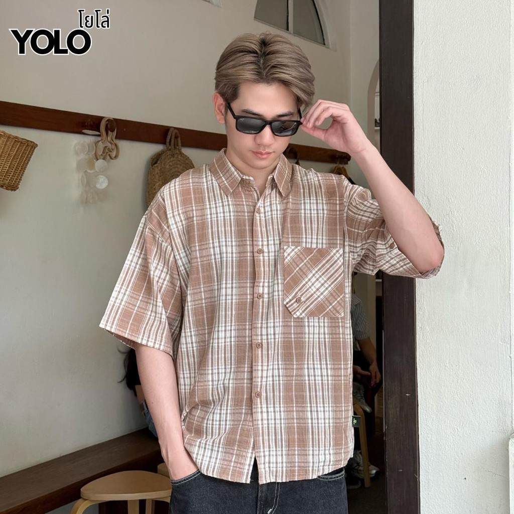 YOLO เสื้อเชิ้ต OVERZISE เสื้อเชิ้ตผู้ชาย เสื้อเชิ้ตลายทาง แขนสั้น ติดกระดุมหน้า Y252363 ราคา ถูกที่สุด ดีลบีเคเค แกลเลอรีภาพที่ 7