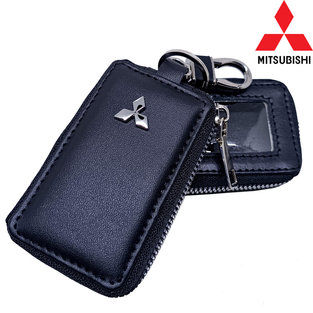 GANTUNGAN MERAH Leather STNK Wallet / Keychain / Car Remote Case Single Slot Mitsubishi Black Red