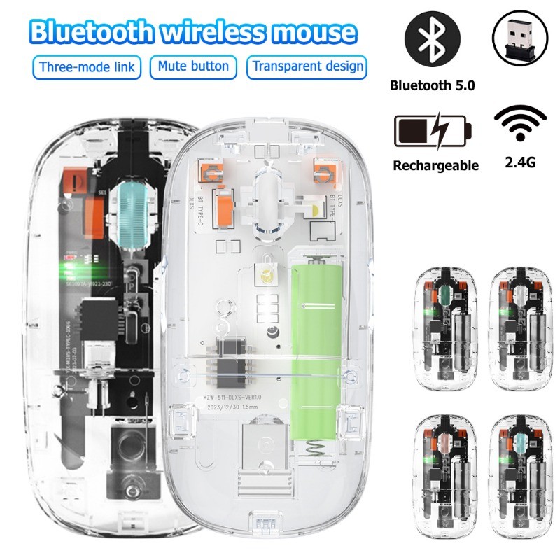 เมาส์บลูทูธโปร่งใสไร้สาย DPI สําหรับแล็ปท็อป iPad 2.4G + Bluetooth  Rechargeable wireless mouse  เสียงปุ่มเงียบ