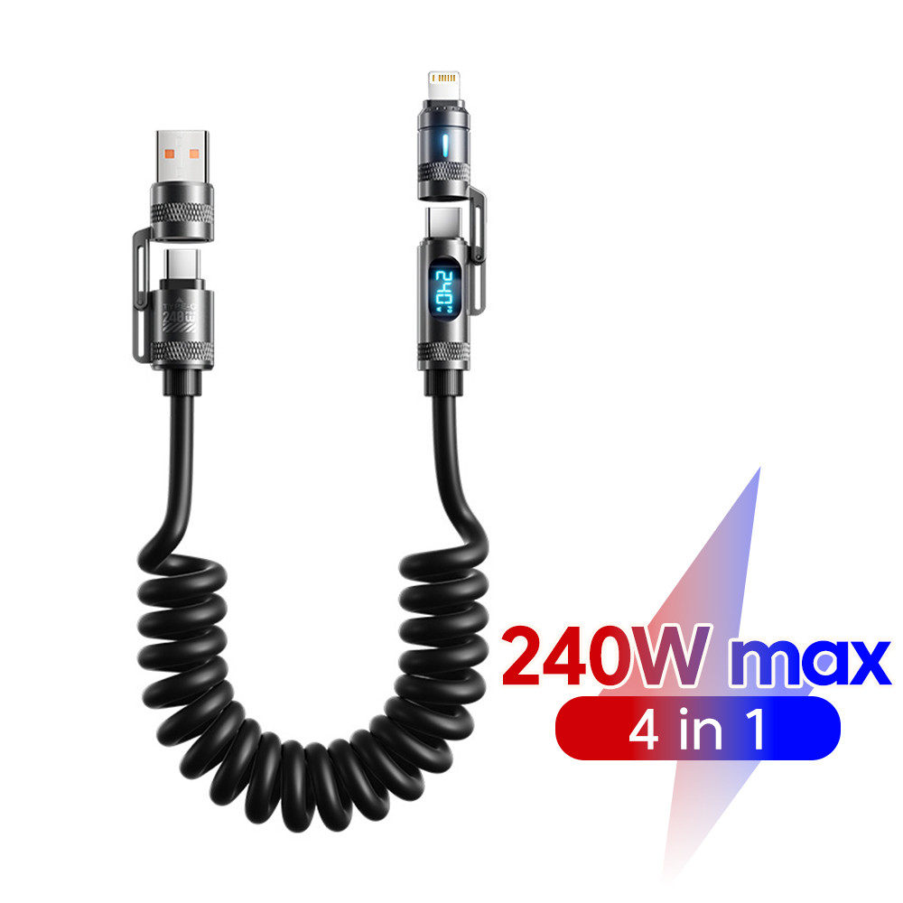 Elough 240W USB/Type C ถึง Type C/lOS Fast สายชาร์จ 4 In 1 รถฤดูใบไม้ผลิข้อมูลสําหรับโทรศัพท์มือถือแล็ปท็อปแท็บเล็ต 2M สีดํา