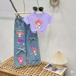 PINKชุดเซ็ทเด็กลายสุดฮิต เสื้อสกรีนลาย+กางเกงยีนส์แท้สกรีนลายแต่งโบว์