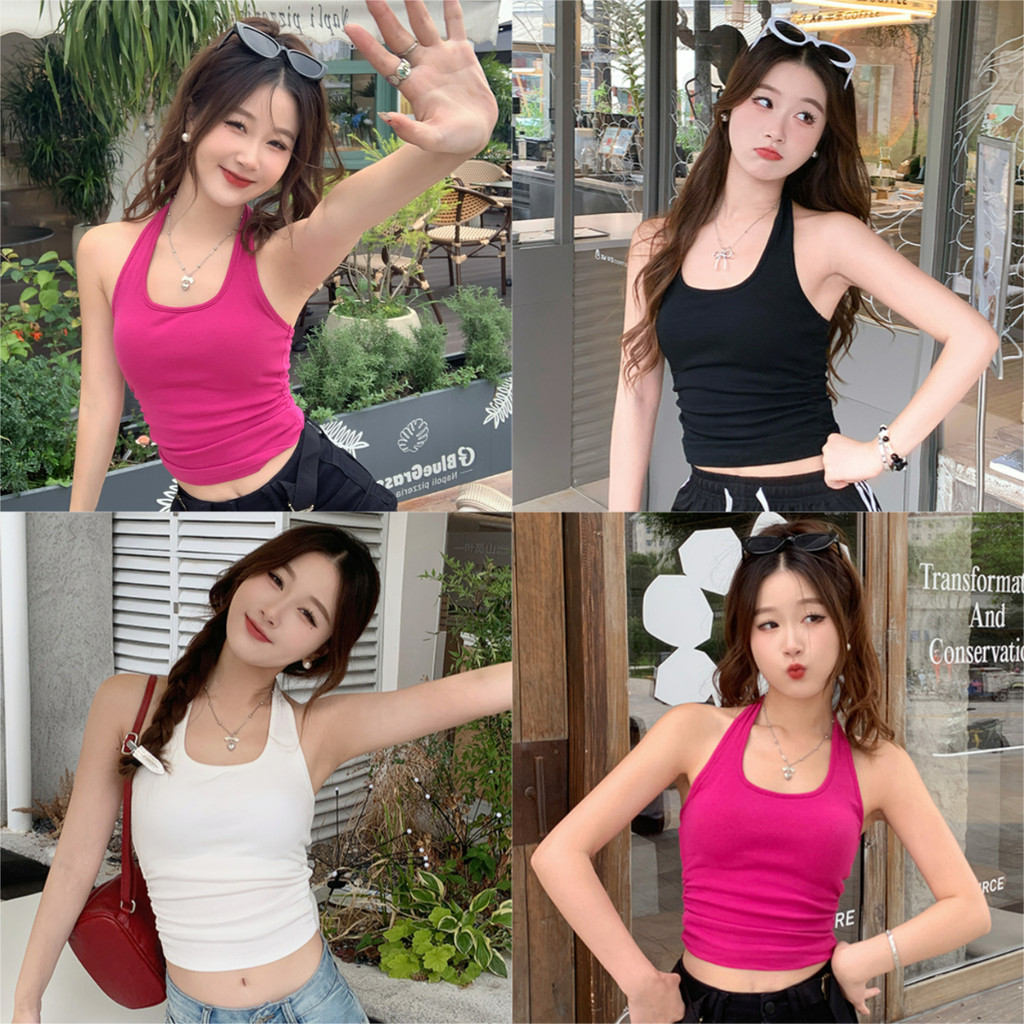 🖤Kayla🖤เสื้อกล้าม คล้องคอ สีพื้น รัดรูป ผ้านิ่มยืด เสื้อแขนกุด สไตล์ลำลอง มินิมอล ใส่สบาย#FY550