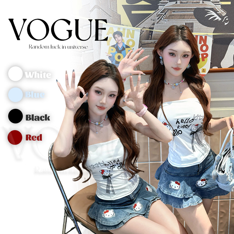 Vogue พร้อมส่ง เสื้อเกาะอก ดีเทลลายการ์ตูนสีน่ารัก เสริมฟองน้ำในตัวยืดพอดีตัว (FY66032)