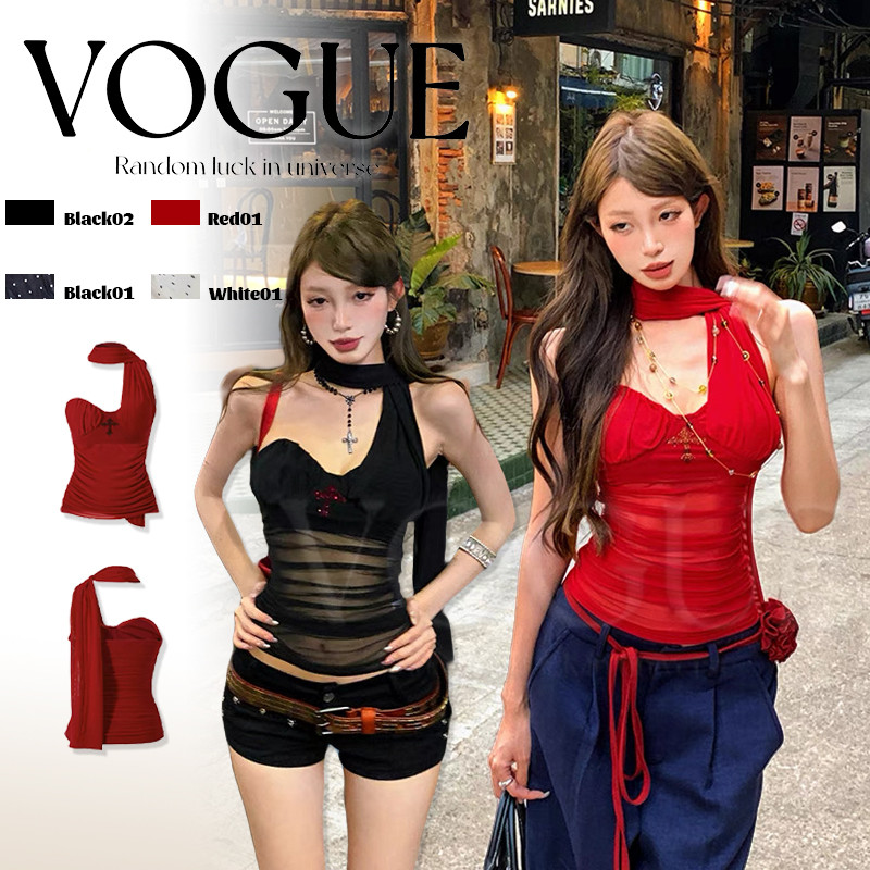 Vogue🌟พร้อมส่ง🌟 เสื้อเกาะอก เสริมฟองน้ำ ดีเทลเพิ่มสายคล้องคอ ลานเท่ผ้าซีทรู (FY953)