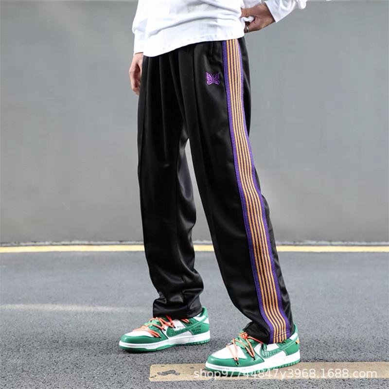 Needles track Men's Embroidered Casual Straight Pants Summer Sports Pants Draped Wide-Leg Pants Lake