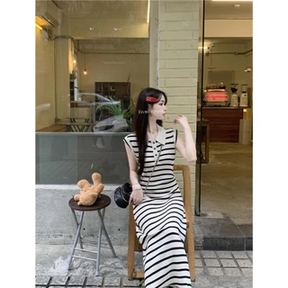 Bella Shop ชุดเดรสสวยหรูดูแพง ชุดเดรสสไตล์เกาหลี กระโปรงยาวสุดๆลาย ลายทางยืด แขนสั้น สไตล์ลำลอง
